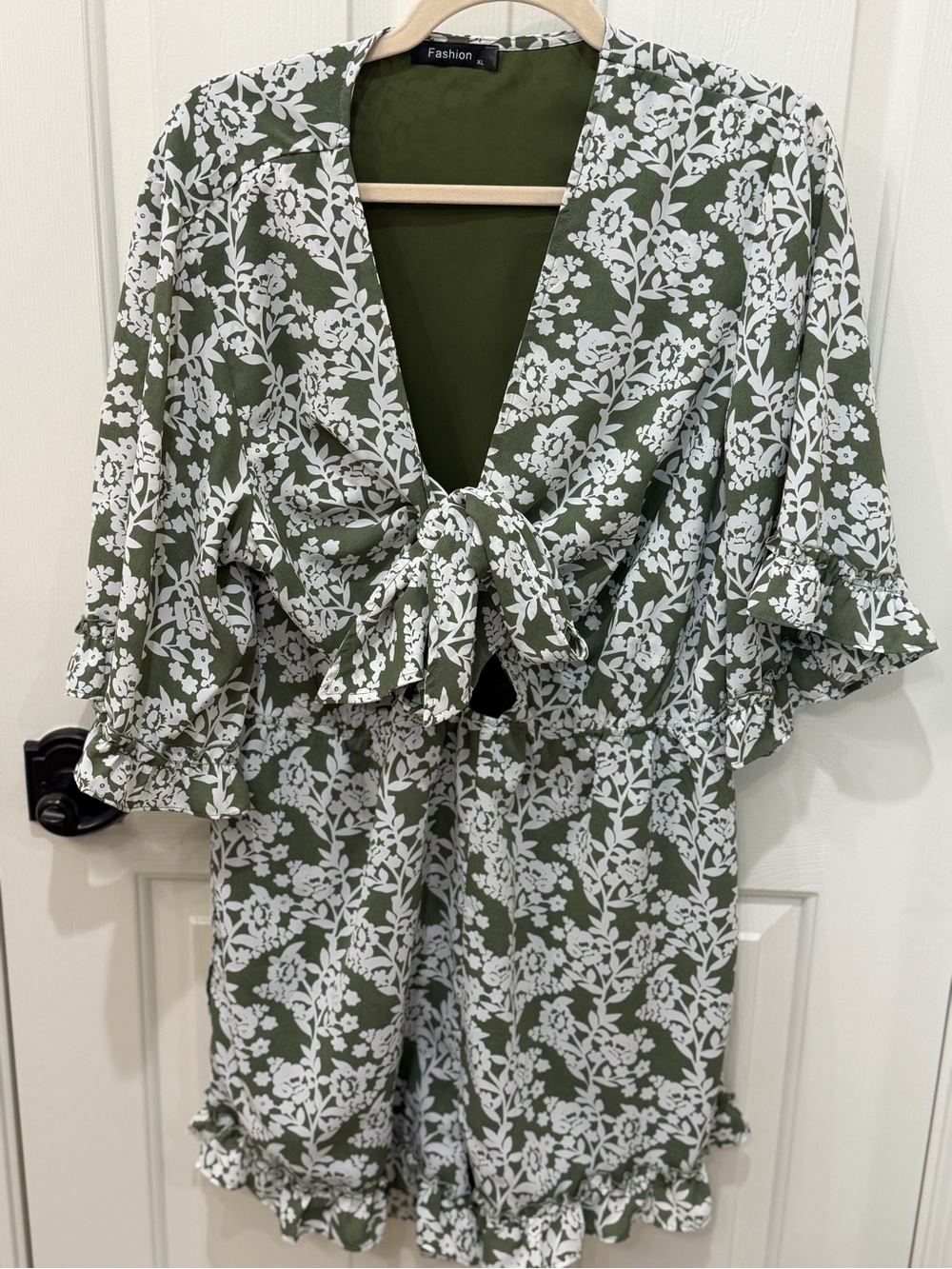 Green & White Floral Tie-Front Romper